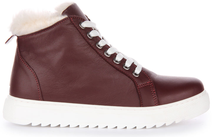 JUSTINREESS Leona Zapatillas con cordones de piel y cremallera lateral para mujer en maroon