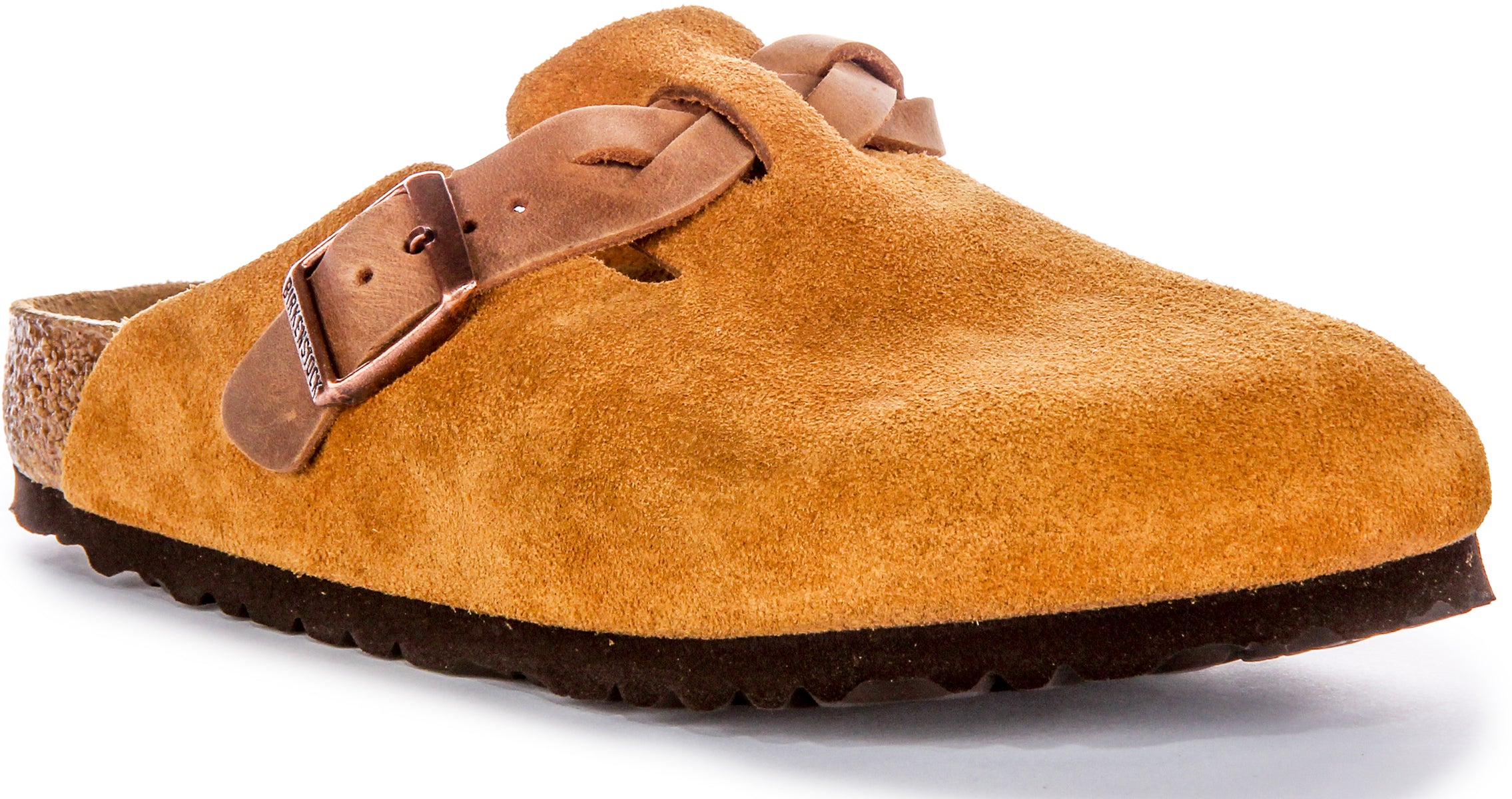 Birkenstock Boston Braided Buckle In Mink | Tan Suede Buckle Clog