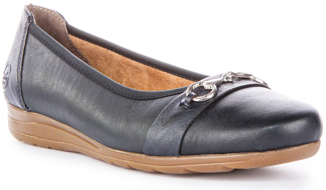 Rieker Scarpe da balletto slipon con punta arrotondata in pelle da donna in blu navy