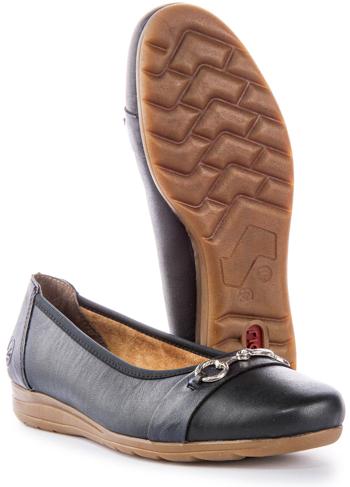 Rieker Scarpe da balletto slipon con punta arrotondata in pelle da donna in blu navy