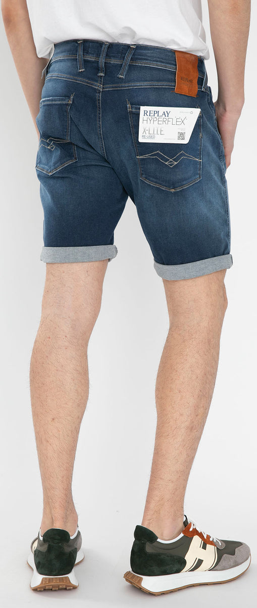 Replay Anbass Pantaloncini di jeans riutilizzati Hyperflex da uomo in marina blu