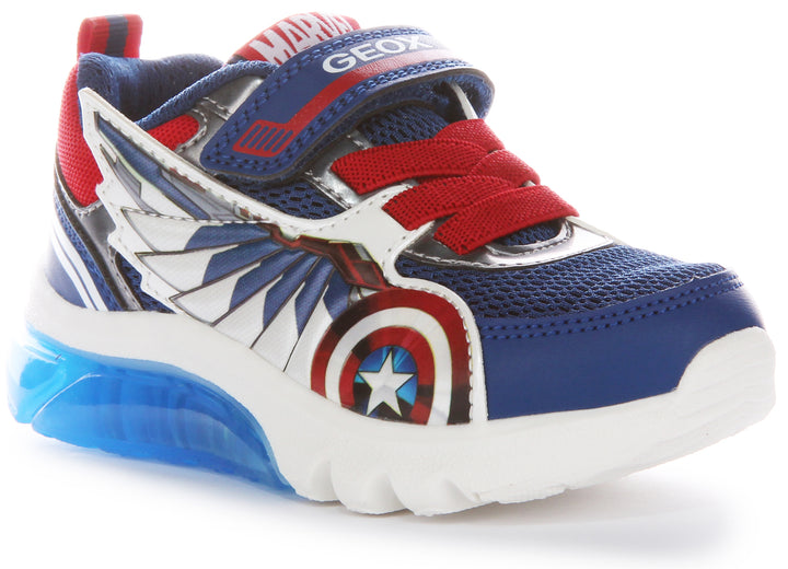 Geox Kids J Ciberdrone B Captain America Shield Wings Mesh Trainers In Navy Red