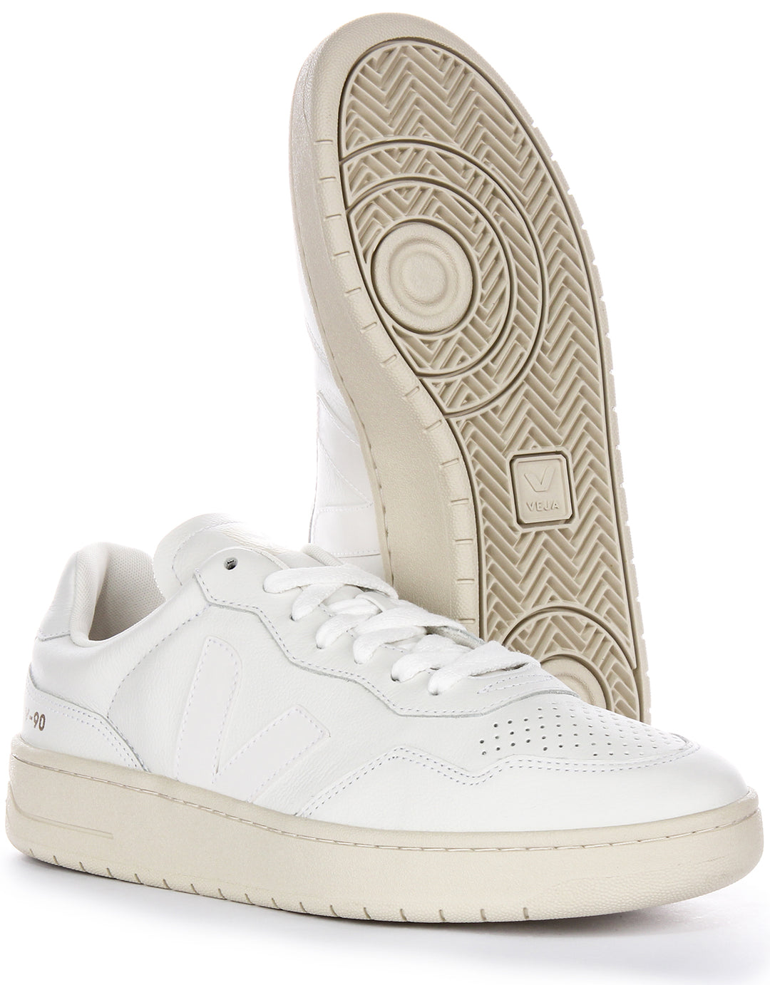 Zapatillas de mujer de cuero Veja V 90 con logo lateral de cuero OT y cordones planos en blanco roto