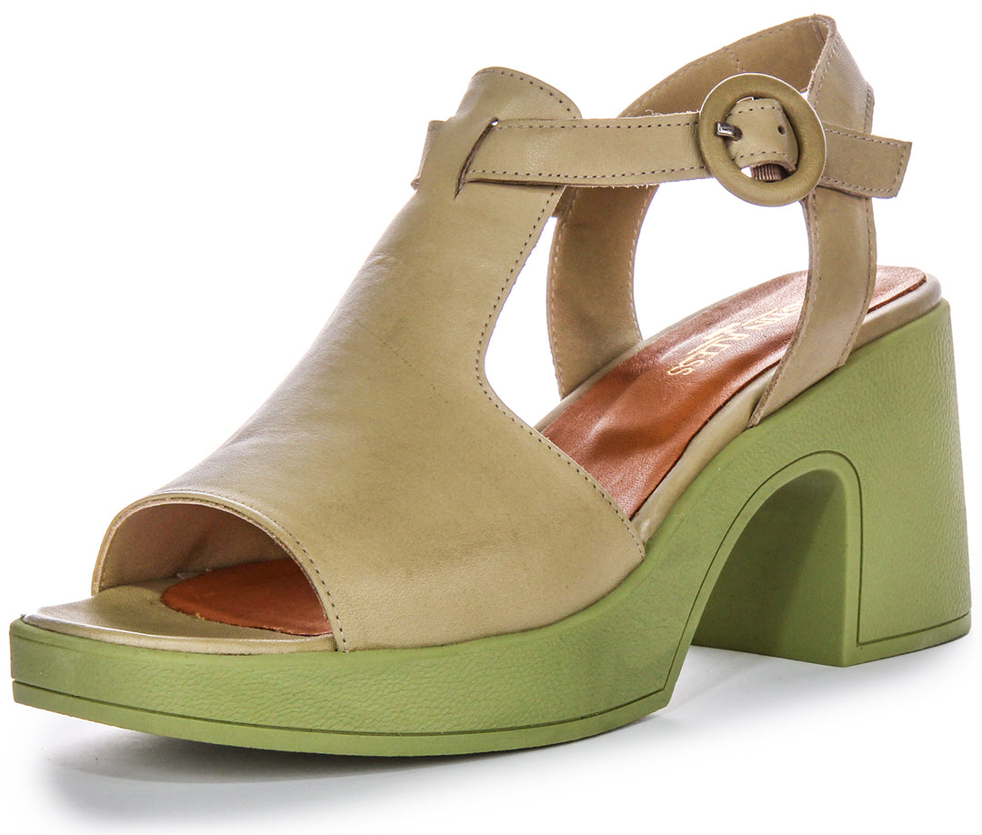 Zapatos de Tacón de Cuero para Mujer  Tacón Abierto en Verde Oliva de Justinreess