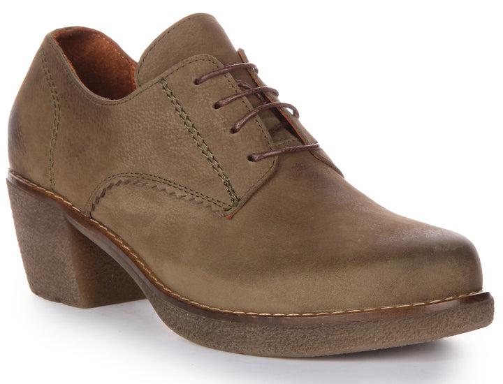 JUSTINREESS Eliza Chaussures Oxford à lacets en daim et cuir à talon moyen pour femmes en olive vert