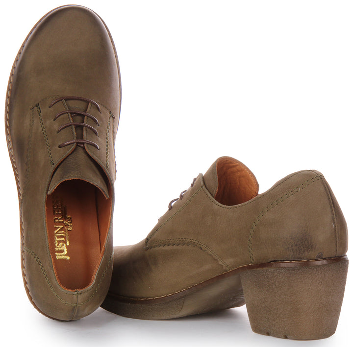 JUSTINREESS Eliza Scarpe Oxford con tacco medio in pelle scamosciata allacciate da donna in oliva verde