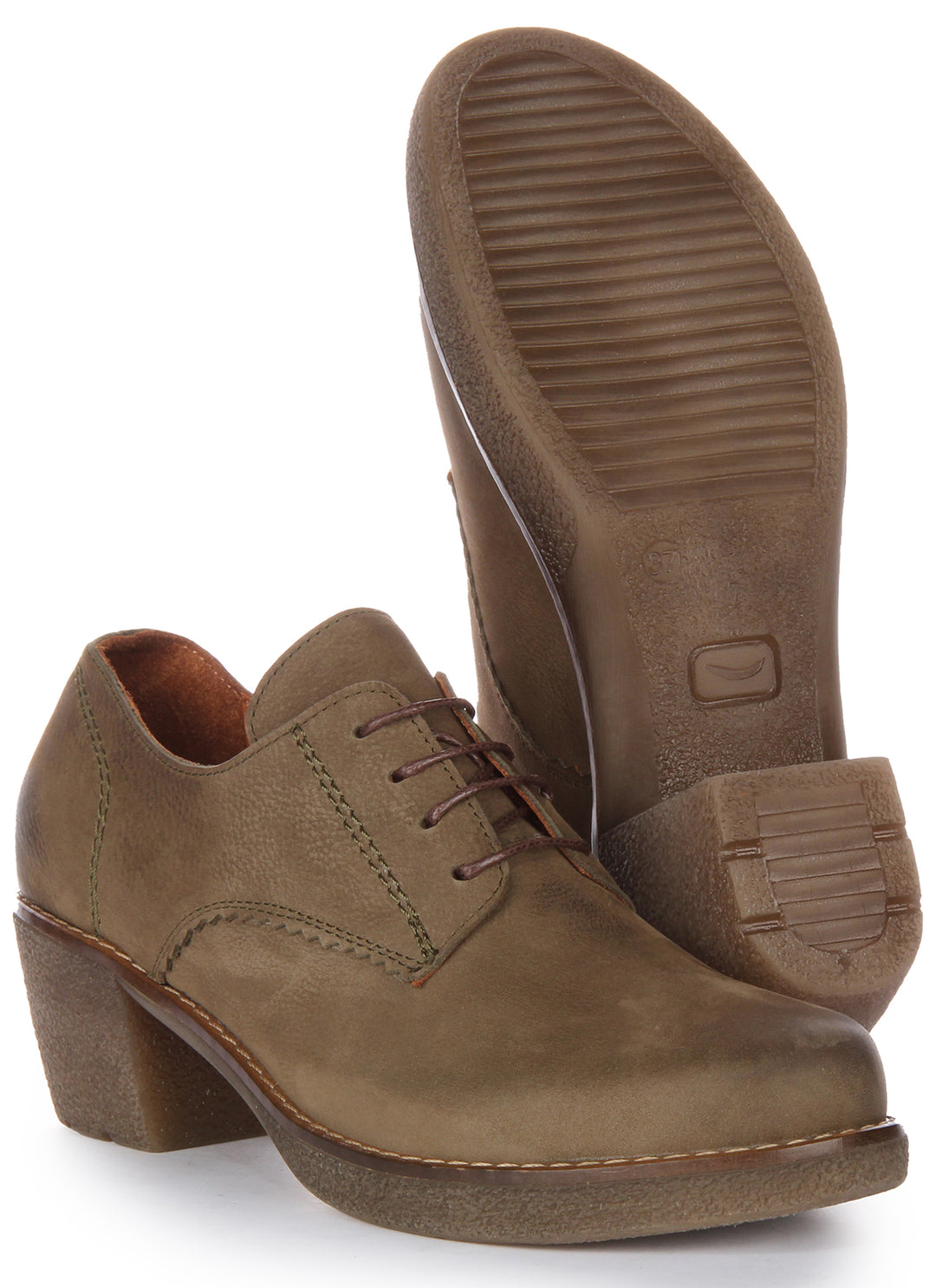 JUSTINREESS Eliza Zapatos Oxford con cordones en ante y piel y tacón medio para mujer en oliva verde