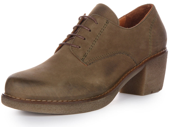 JUSTINREESS Eliza Chaussures Oxford à lacets en daim et cuir à talon moyen pour femmes en olive vert