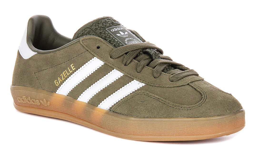 Adidas Gazelle Indoor In Olive White Gum Sole | Lace up Suede Trainers 4feetshoes Adidas Gazelle Indoor In Olive White Gum Sole | Lace up Suede Trainers 4feetshoes
