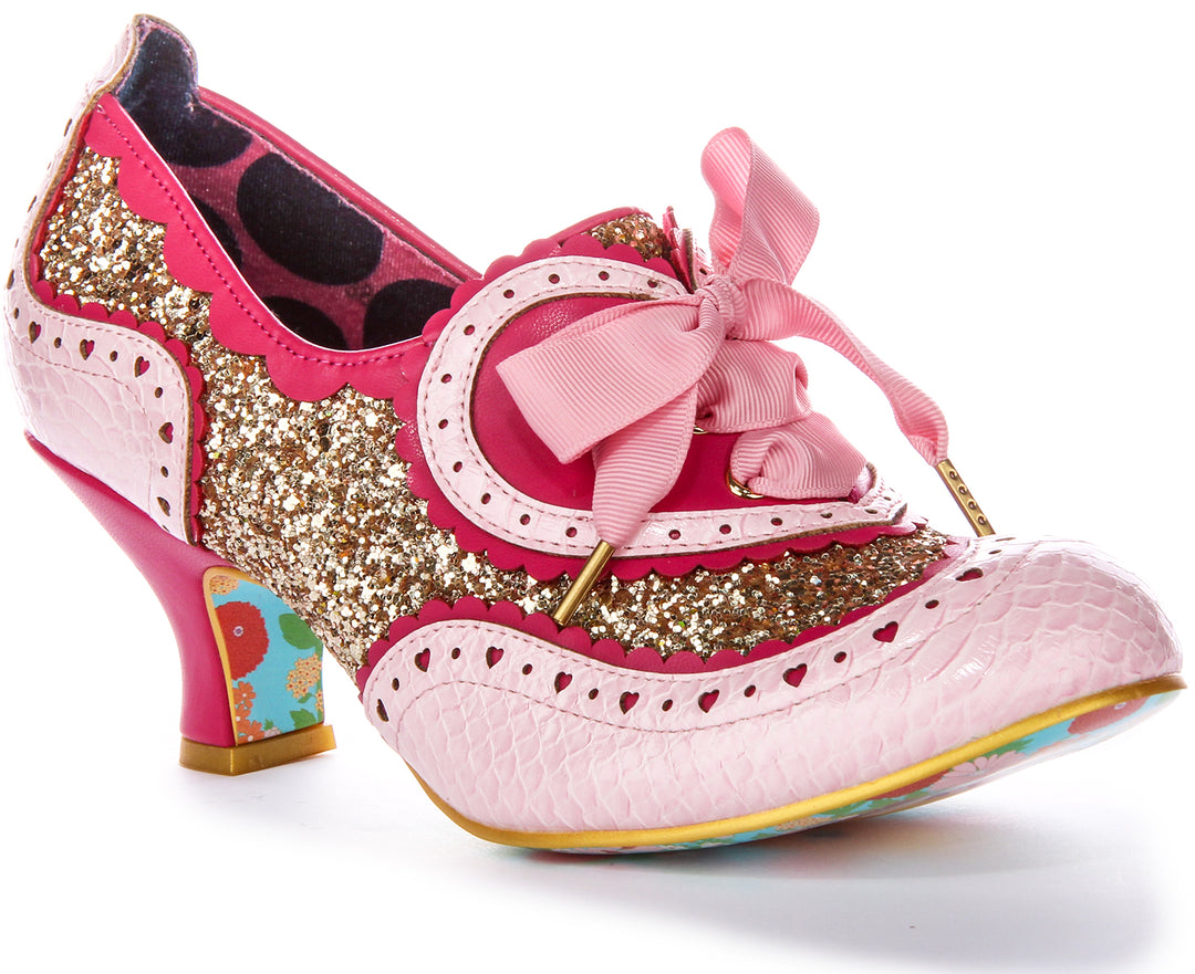 Irregular Choice Golden Age Dancing Queen Glitter Scintillante Scarpe con tacco da donna in tessuto oro rosa