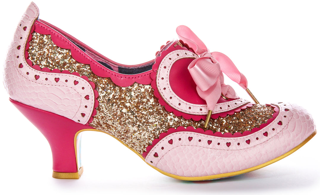 Irregular Choice Golden Age Dancing Queen Glitter Scintillante Scarpe con tacco da donna in tessuto oro rosa