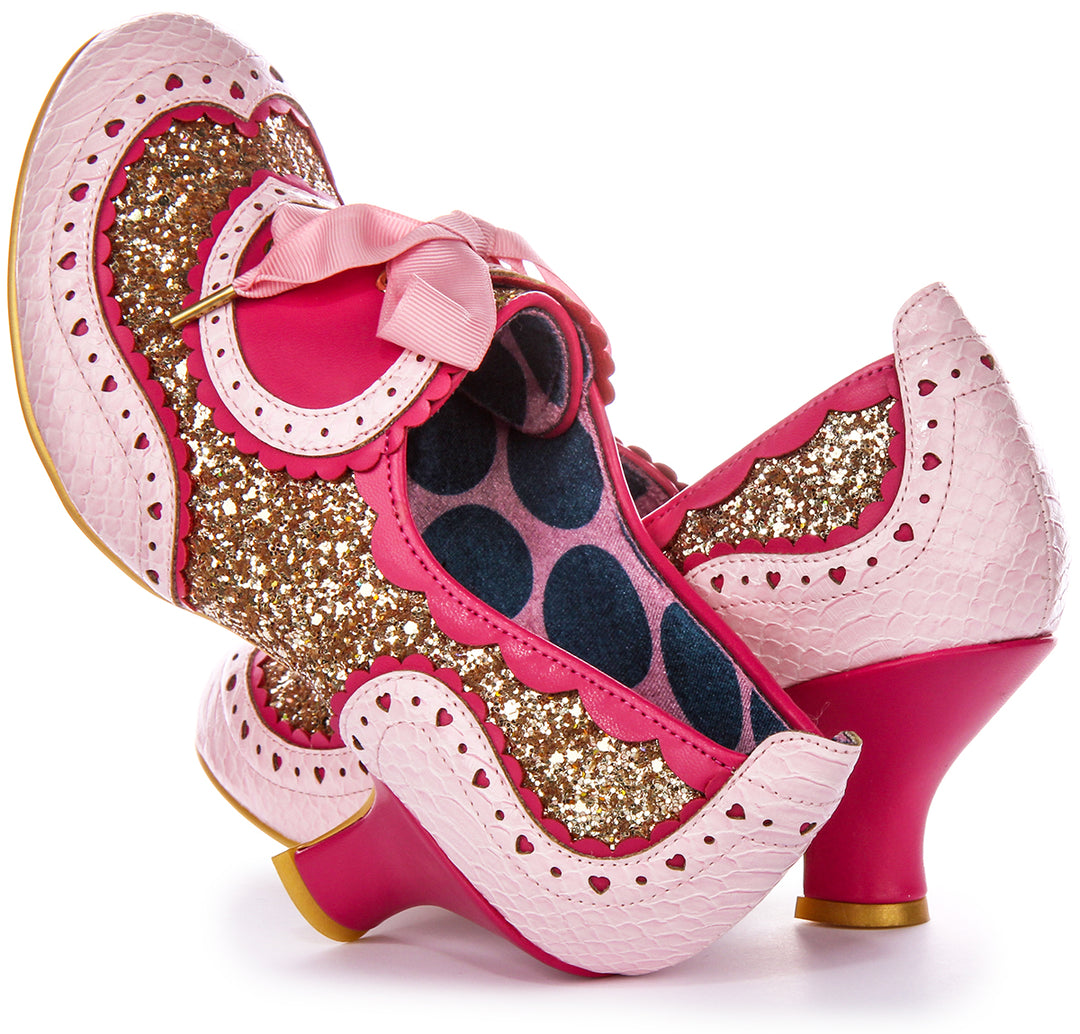 Irregular Choice Golden Age Dancing Queen Glitter Scintillante Scarpe con tacco da donna in tessuto oro rosa