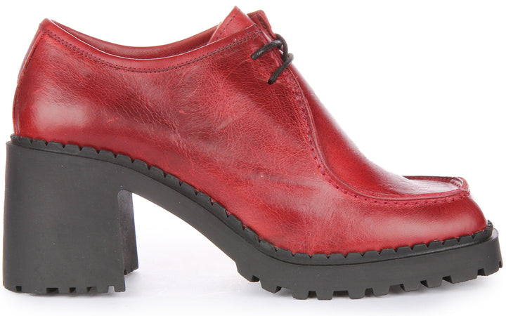 JUSTINREESS Rita Chaussures Oxford à talons mi hauts en cuir à lacets pour femmes en rouge