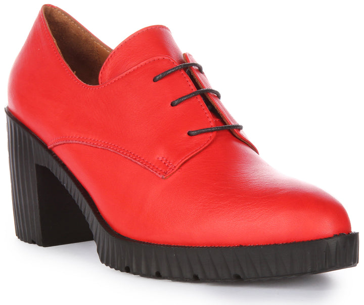 JUSTINREESS Eden Chaussures Oxford en cuir à talon moyen à lacets pour femmes en rouge