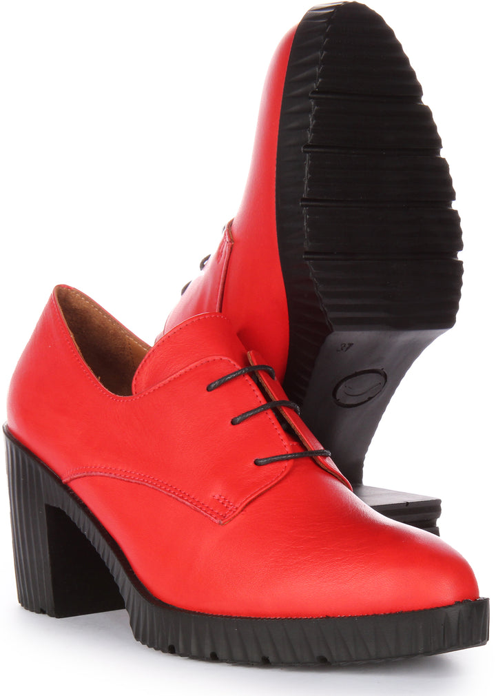 JUSTINREESS Eden Chaussures Oxford en cuir à talon moyen à lacets pour femmes en rouge