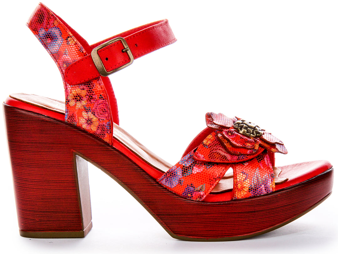 Zapatos de Tacón de Cuero para Mujer  Tacón Abierto Floral en Rojo Floral de Justinreess