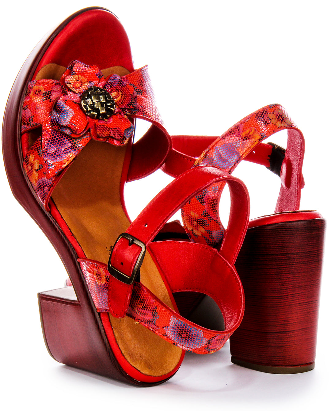 Chaussures à talons en cuir pour femme Justinreess  Talon ouvert floral en rouge floral