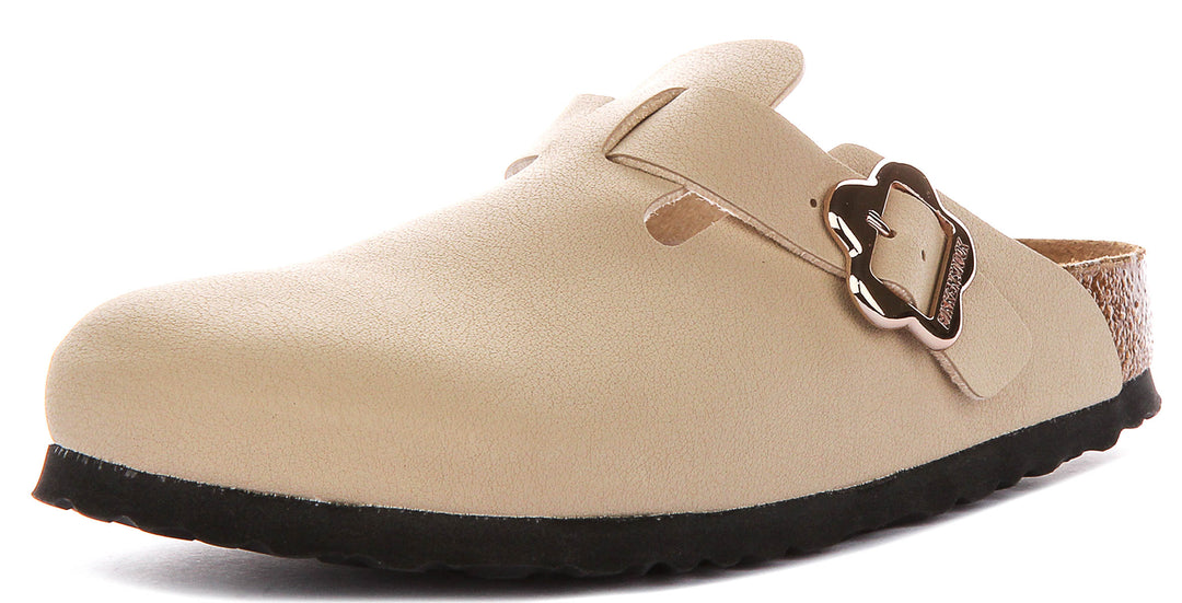 Birkenstock Boston Flower In Sand For Junior Narrow Fit Clog