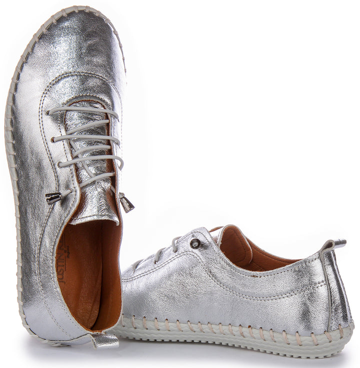 Justinreess Women's Leather Shoes  Lexi 2 Metal Slip On In Silver