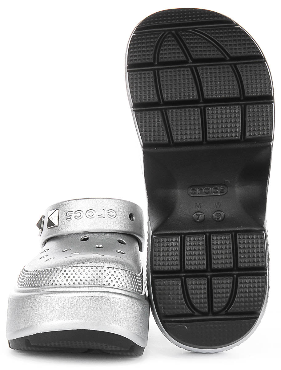 Crocs Stomp Metallic In Silver Sole Studd Platform Clog – 4feetshoes