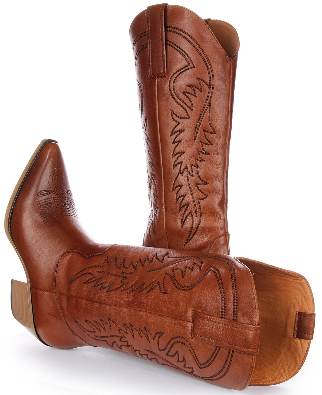 JUST REESS Ruby Frauen Leder Brogue Design Mitte Kalb Cowboy Stiefel Tan