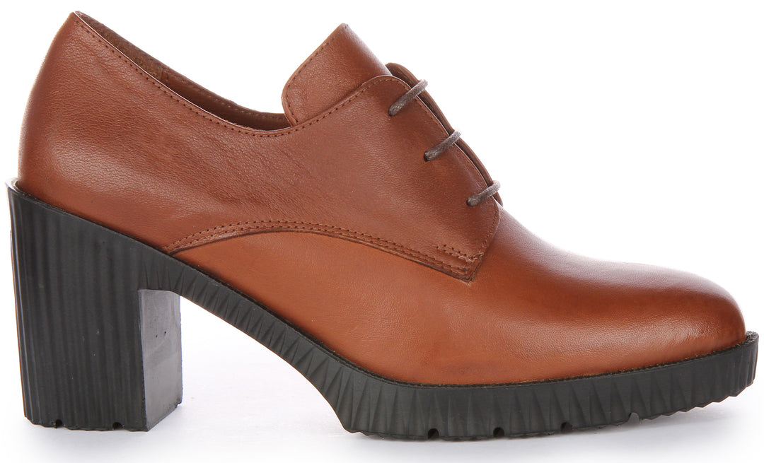 JUSTINREESS Eden Scarpe Oxford con tacco medio in pelle allacciate da donna in tan