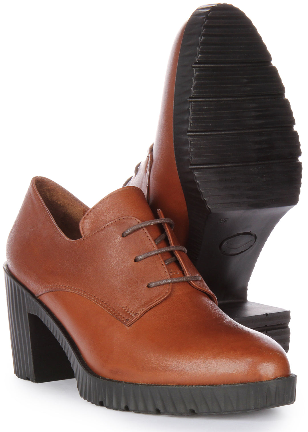 JUSTINREESS Eden Scarpe Oxford con tacco medio in pelle allacciate da donna in tan