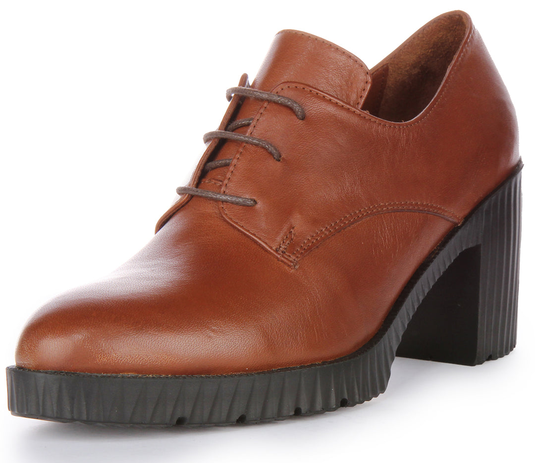 JUSTINREESS Eden Chaussures Oxford en cuir à talon moyen à lacets pour femmes en tan