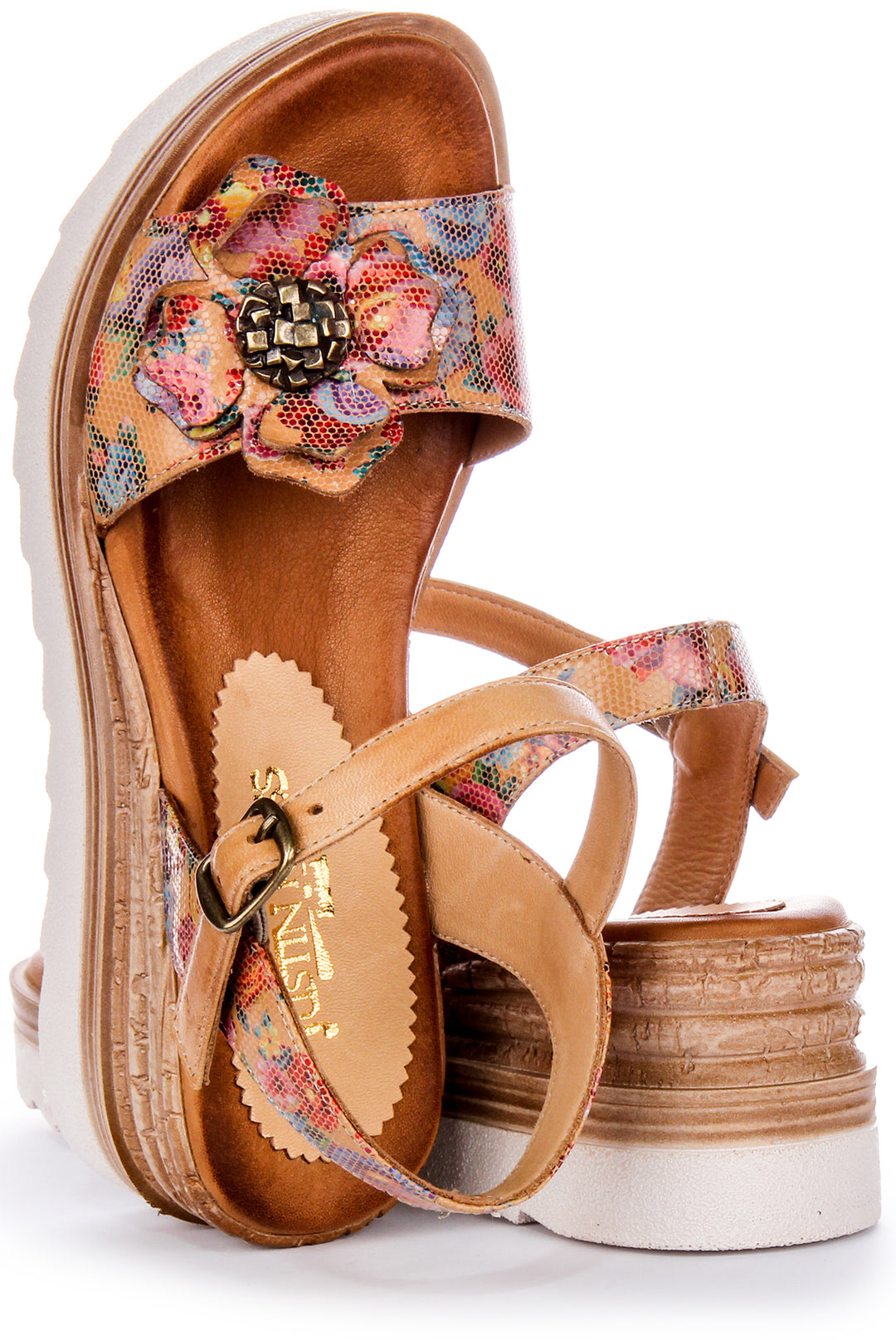 Sandales en cuir pour femmes Justinreess Tania en tan avec une petite semelle compensée à bout ouvert floral et boucle