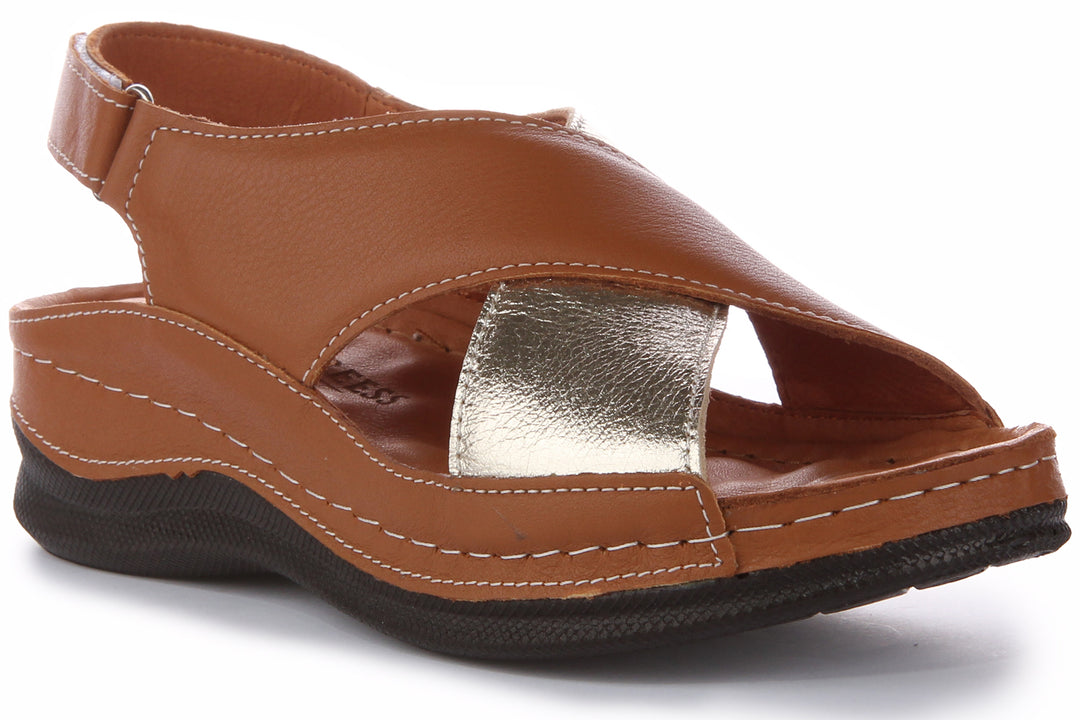 Sandales en cuir Justinreess pour femmes Yuna avec bride croisée Velcro ergonomique en brun beige