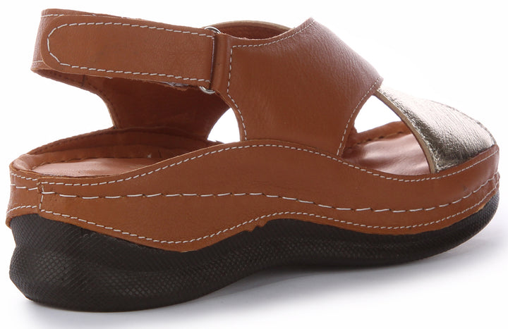 Sandales en cuir Justinreess pour femmes Yuna avec bride croisée Velcro ergonomique en brun beige
