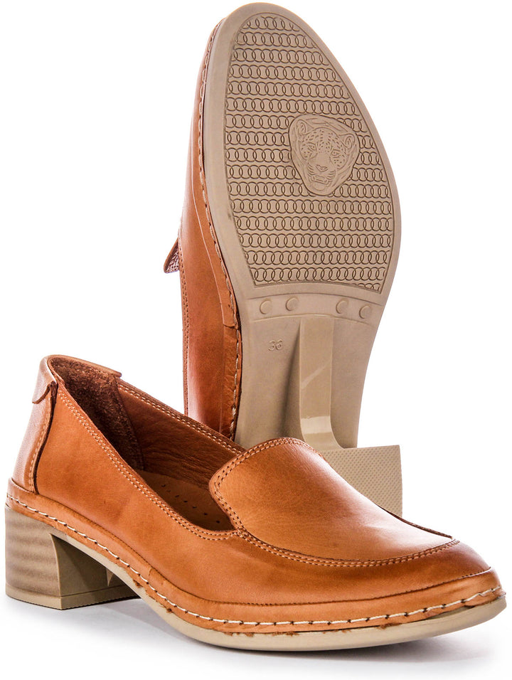 Mocassini con Tacco a Gattino e Punta Fair Point in Pelle da Donna Justinreess Penny in Marrone Tan