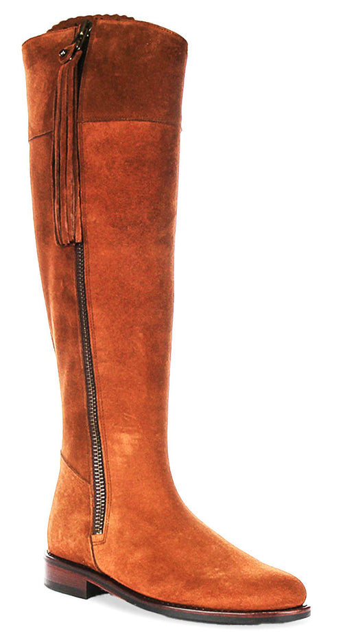 Justinreess Angleterre Valentina Slim Talon Haut Côté à Fermeture Éclair avec Pompon Bottes Hautes en Daim Cuir pour Femmes en Marron Tan