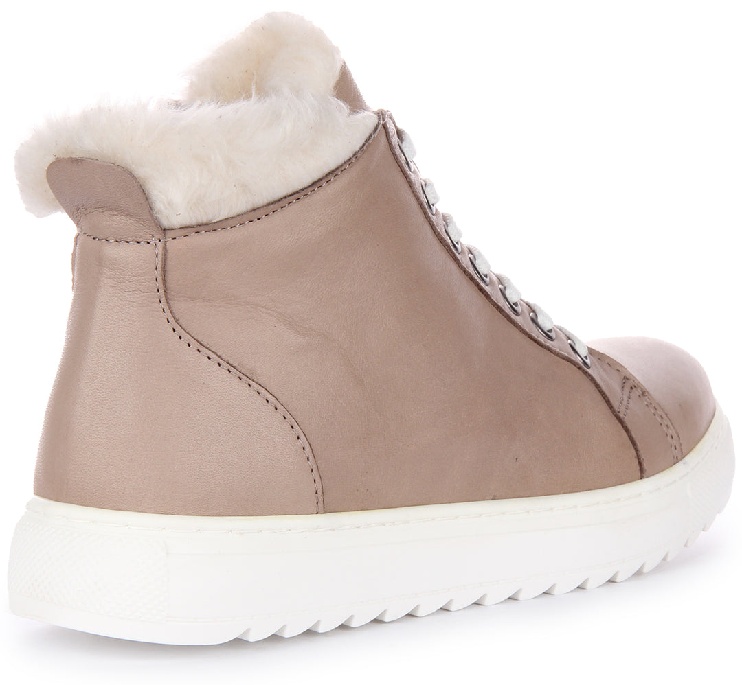 JUSTINREESS Leona Scarpe da ginnastica allacciate in pelle con zip laterale da donna in taupe 