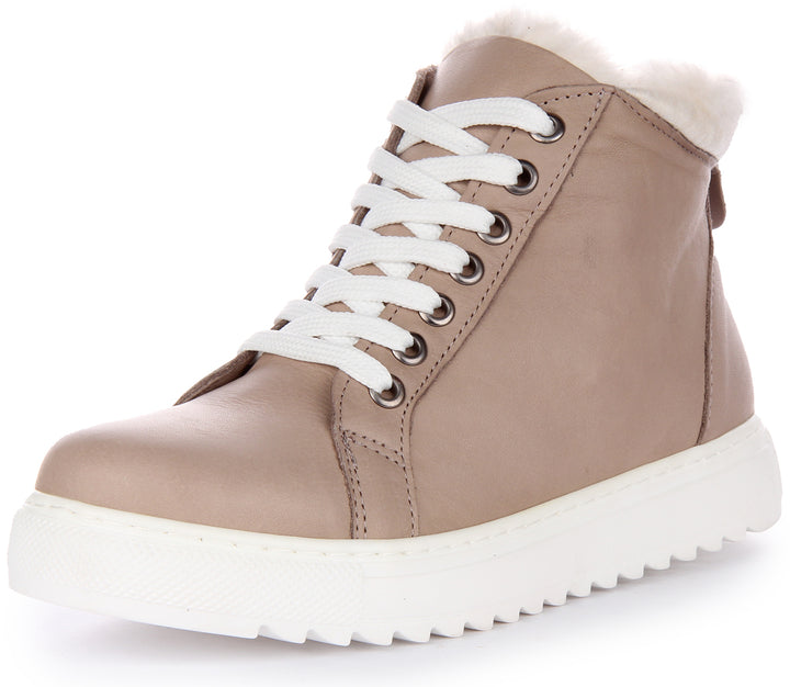 JUSTINREESS Leona Baskets à lacets en cuir pour femmes avec fermeture éclair latérale en taupe