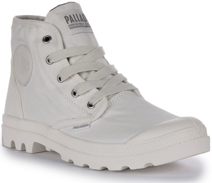 Palladium Pampa Hi Botín vegana de lona con cordones para mujer en blanco