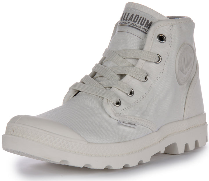 Palladium Pampa Hi Botín vegana de lona con cordones para mujer en blanco