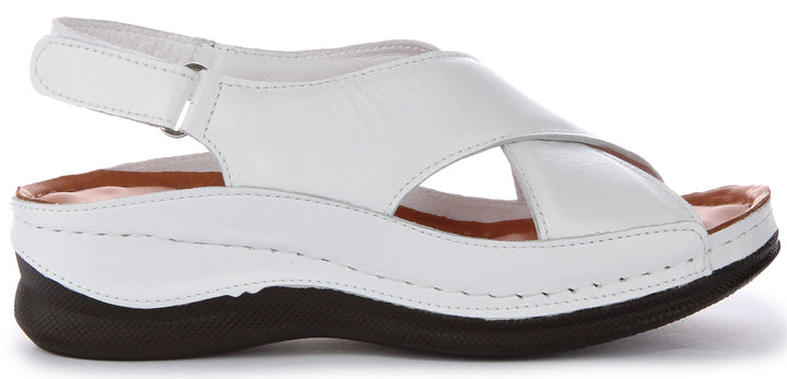 Sandali in Pelle da Donna Justinreess England Yuna con Cinturino Incrociato Velcro Ergonomico in Bianco