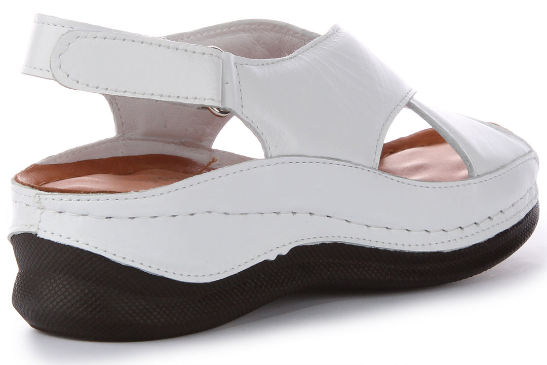 Sandali in Pelle da Donna Justinreess England Yuna con Cinturino Incrociato Velcro Ergonomico in Bianco