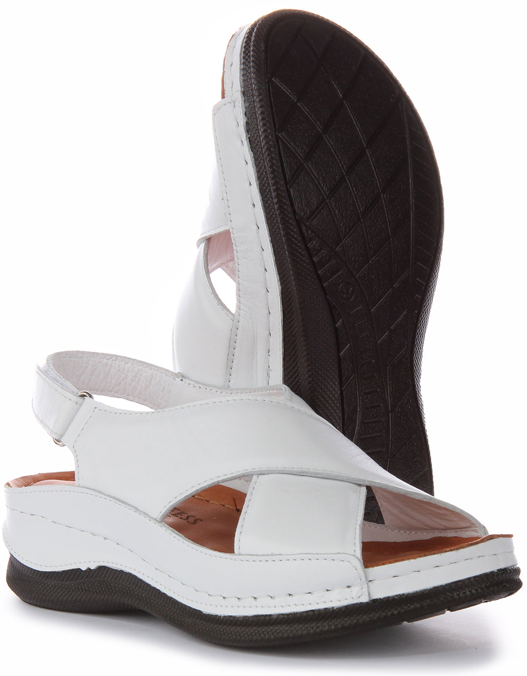 Sandali in Pelle da Donna Justinreess England Yuna con Cinturino Incrociato Velcro Ergonomico in Bianco