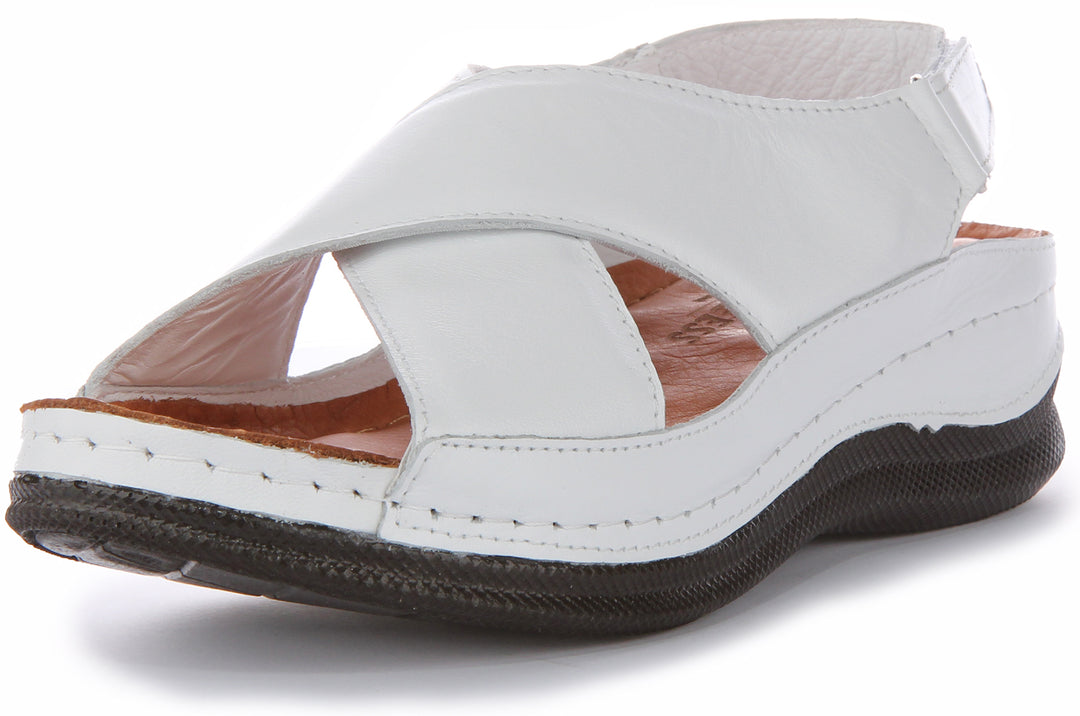 Sandali in Pelle da Donna Justinreess England Yuna con Cinturino Incrociato Velcro Ergonomico in Bianco