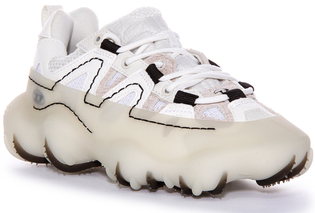 Sneaker in mesh e pelle Diesel SPrototype P1 W Utility Layered con gabbia in gomma in bianco