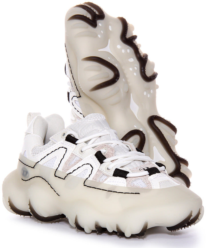 Sneaker in mesh e pelle Diesel SPrototype P1 W Utility Layered con gabbia in gomma in bianco