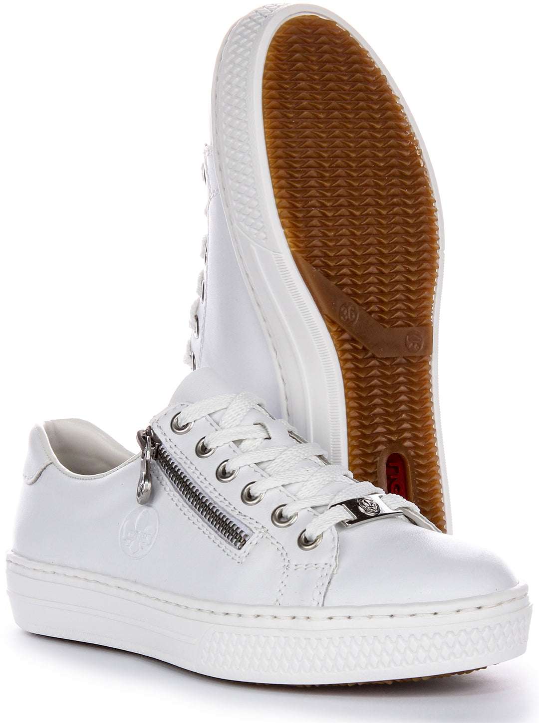 Rieker Flat Laces Side Zipper Chaussures basses en cuir pour femmes en blanc