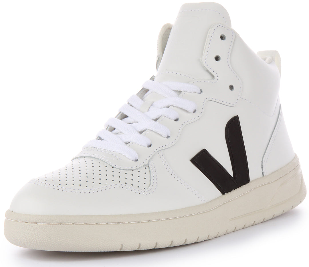 Veja V-15 Leather Trainers In White Black For Women