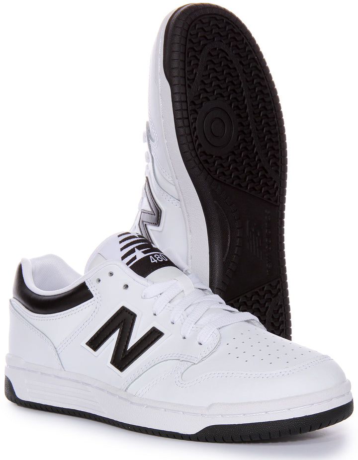 Die New Balance BB480LBK Basketball Schnürklassiker aus Leder in Weiß Schwarz