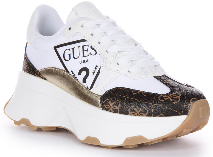 Guess Calebb Triangle Logo Trainer In White Brown For Women
