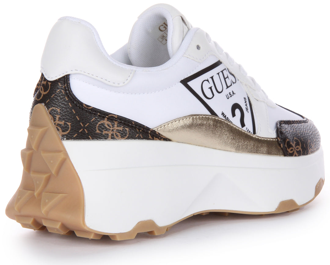Guess Calebb Triangle Logo Trainer In White Brown For Women