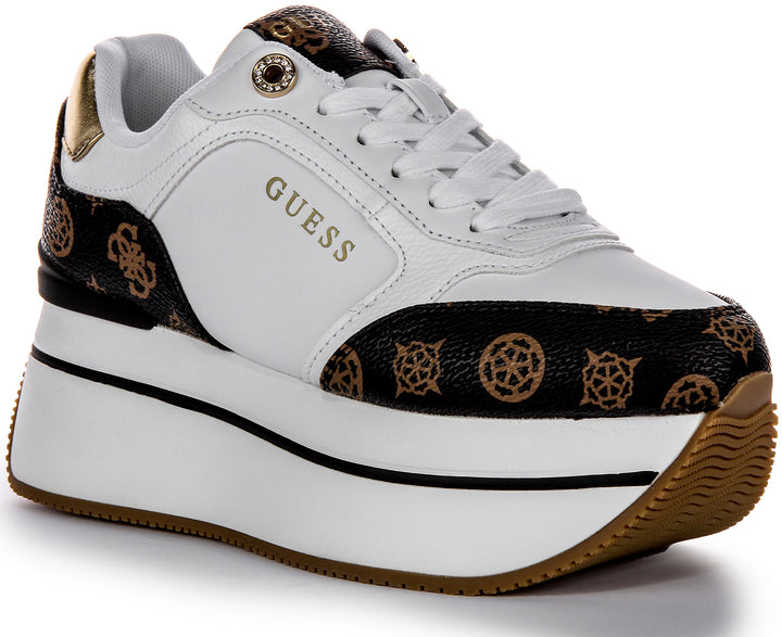 Guess Camrio 4G Plataforma Zapatillas de Cuero Sintético con Logotipo de Peonía para Mujer en Blanco y Marrón