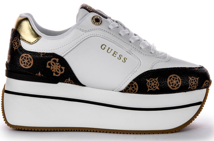 Guess Camrio 4G Plataforma Zapatillas de Cuero Sintético con Logotipo de Peonía para Mujer en Blanco y Marrón